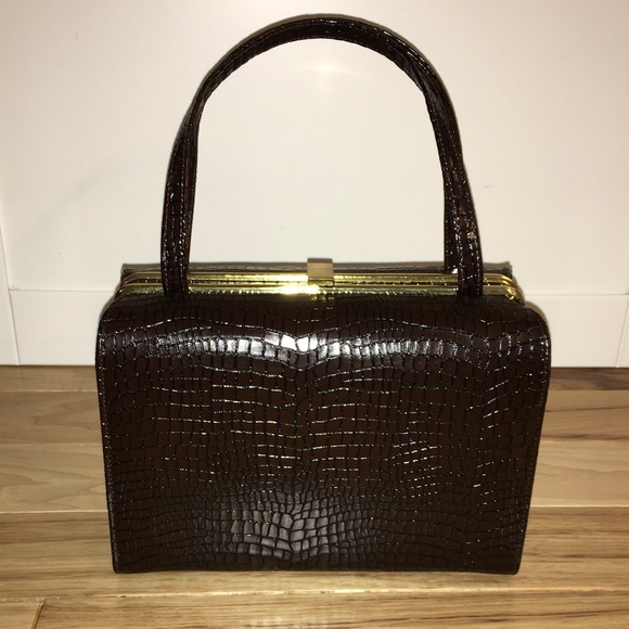 Handbags - Vintage Dark Chestnut Crocodile Clasp Handbag